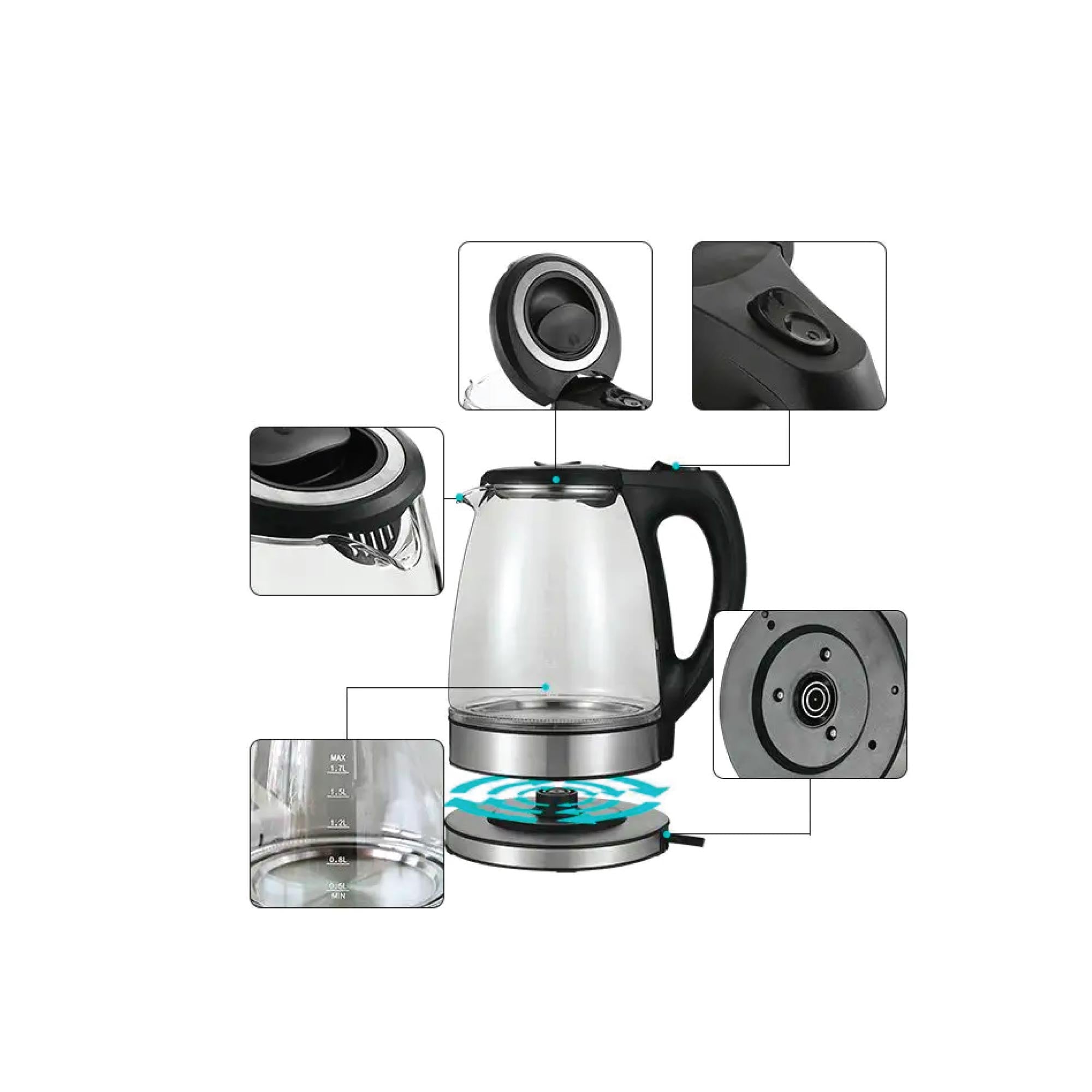 1.7L Electric Glass Kettle LED Blue Light 360 Automatic Cordless Water Boiling Jug-2