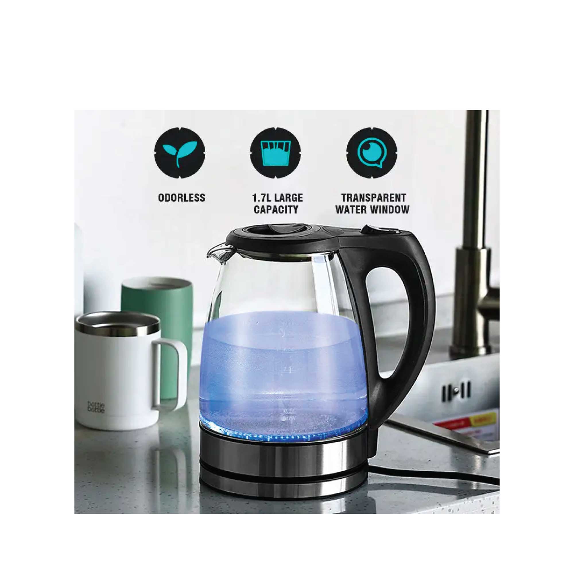 1.7L Electric Glass Kettle LED Blue Light 360 Automatic Cordless Water Boiling Jug-3