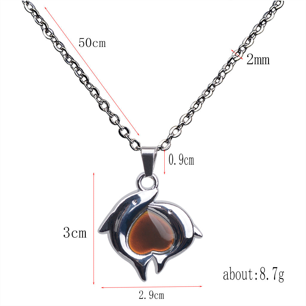 Double Dolphin Heart-shaped Warm Mood Color-changing Pendant Necklace