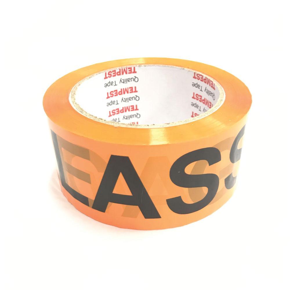 1x Glass Dispatch Tape Orange Black 48mm x 75mm Roll With Care Packing Label-1