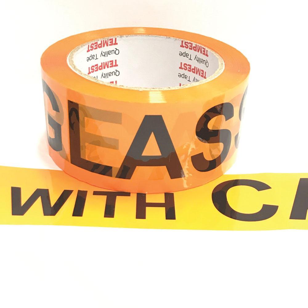 1x Glass Dispatch Tape Orange Black 48mm x 75mm Roll With Care Packing Label-0