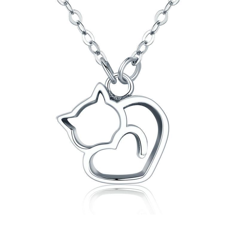Platinum Plated 925 Sterling Silver Cat Heart Necklace