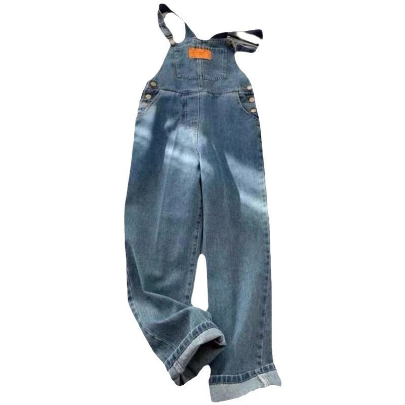 Blue Denim Suspender Pants Women's High Waist Loose