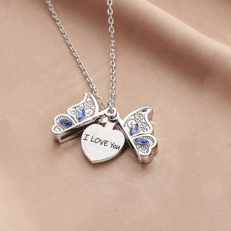 Romantic Butterfly Locket Necklace Openable I Love You Heart Pendant Statement Necklaces For Women Girls