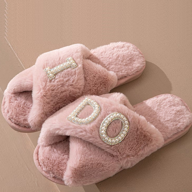 I Do Pearl Letter Cross Toe Plush Slippers