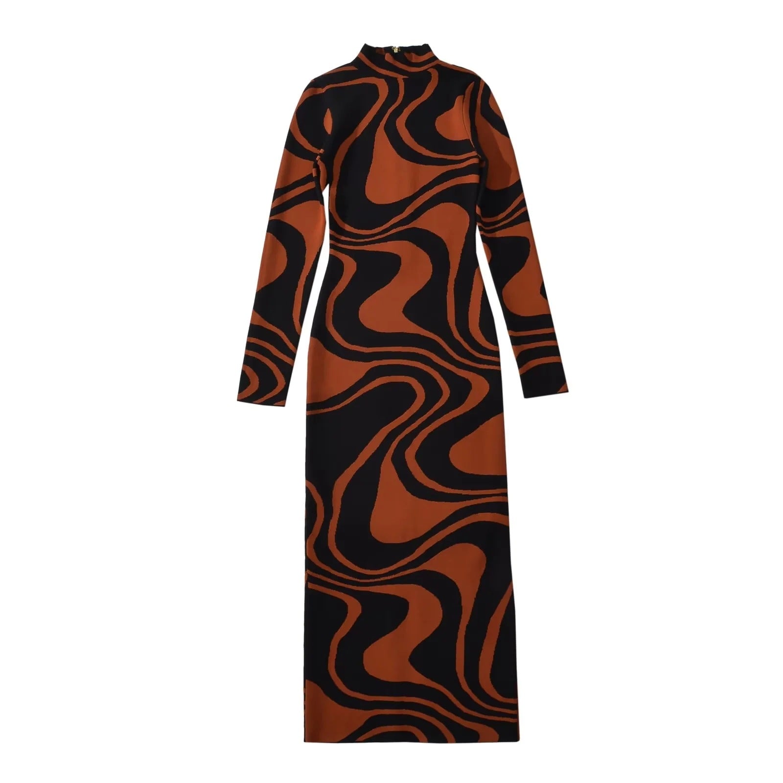 Back Zipper High Collar Abstract Jacquard Knitted Dress For Women