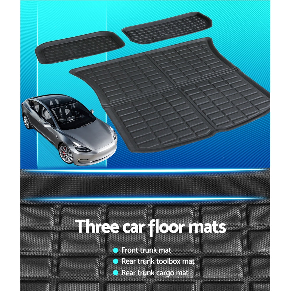 3PCS Car Rear Front Cargo Trunk Toolbox Luggage Rubber Mats for Tesla Model Y 2021-2023-3