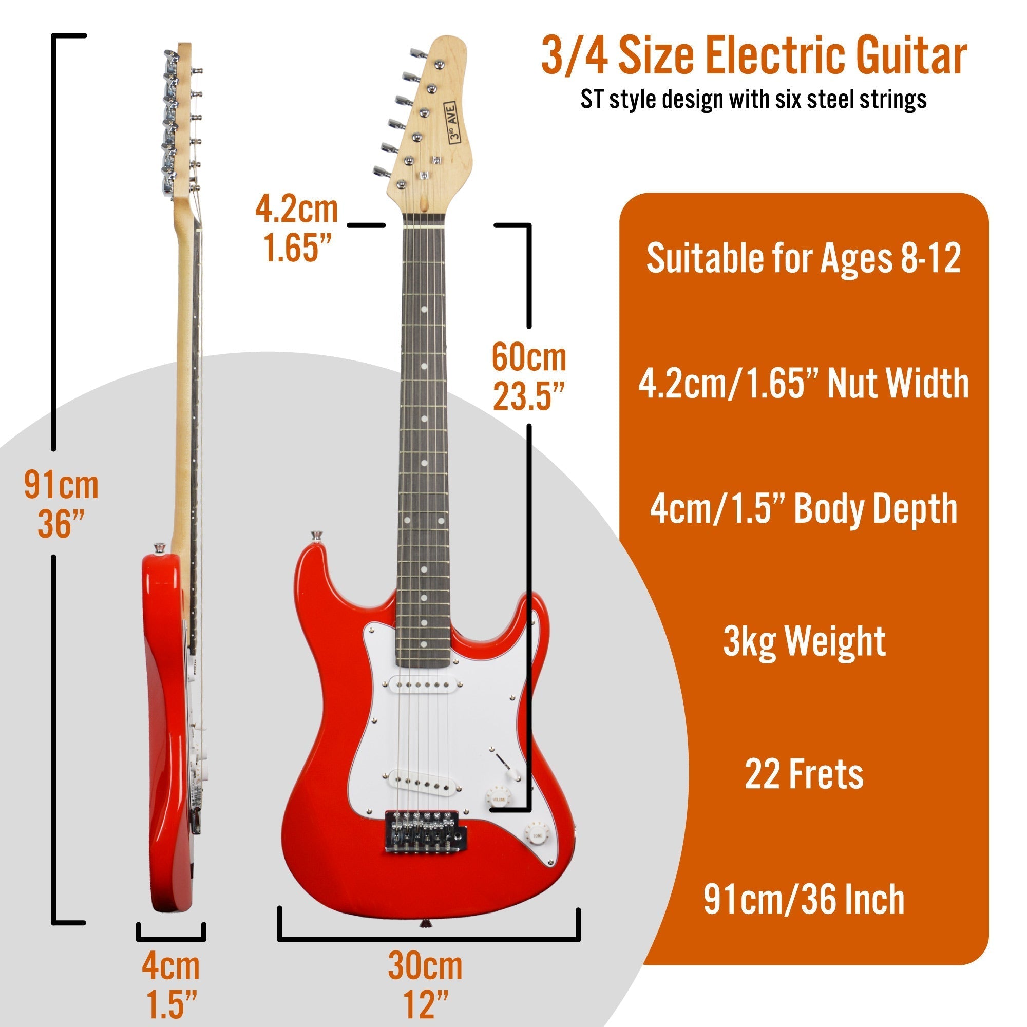 3rd Avenue 3/4 Size Electric Guitar - Red-4