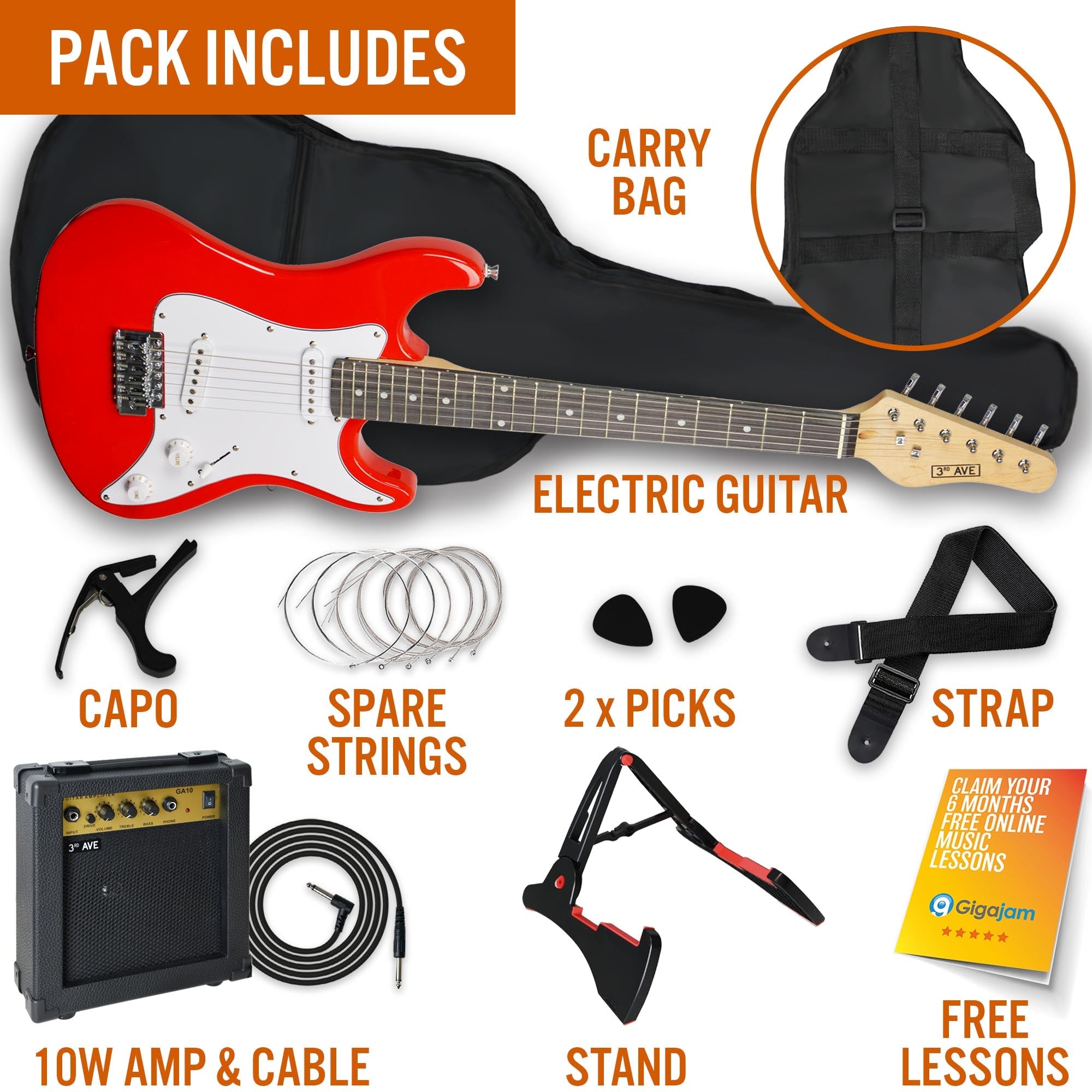 3rd Avenue 3/4 Size Electric Guitar - Red-6