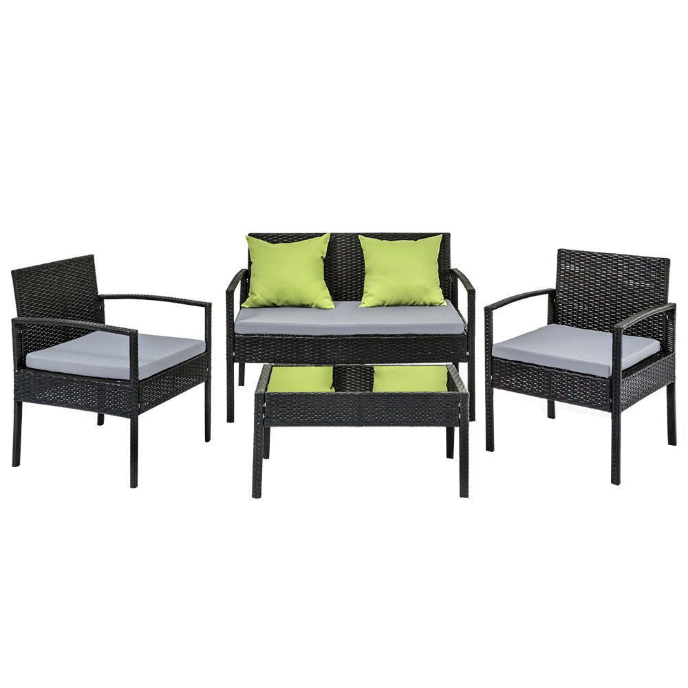 4 Seater Sofa Set Outdoor Furniture Lounge Setting Wicker Chairs Table Rattan Lounger Bistro Patio Garden Cushions Black-2