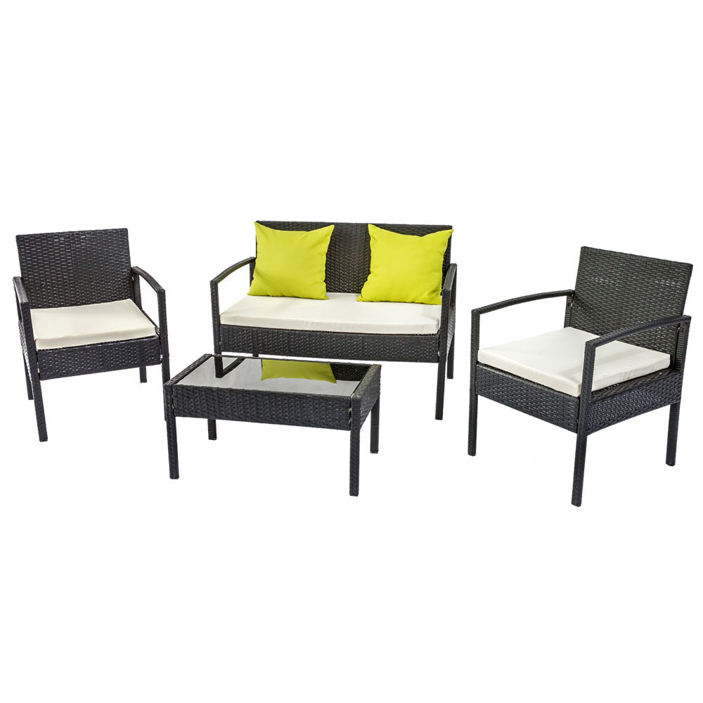 4 Seater Sofa Set Outdoor Furniture Lounge Setting Wicker Chairs Table Rattan Lounger Bistro Patio Garden Cushions Black-3