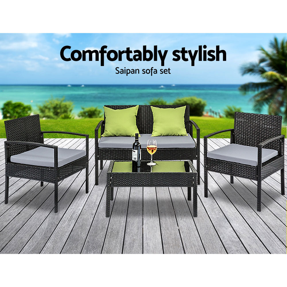 4 Seater Sofa Set Outdoor Furniture Lounge Setting Wicker Chairs Table Rattan Lounger Bistro Patio Garden Cushions Black-6