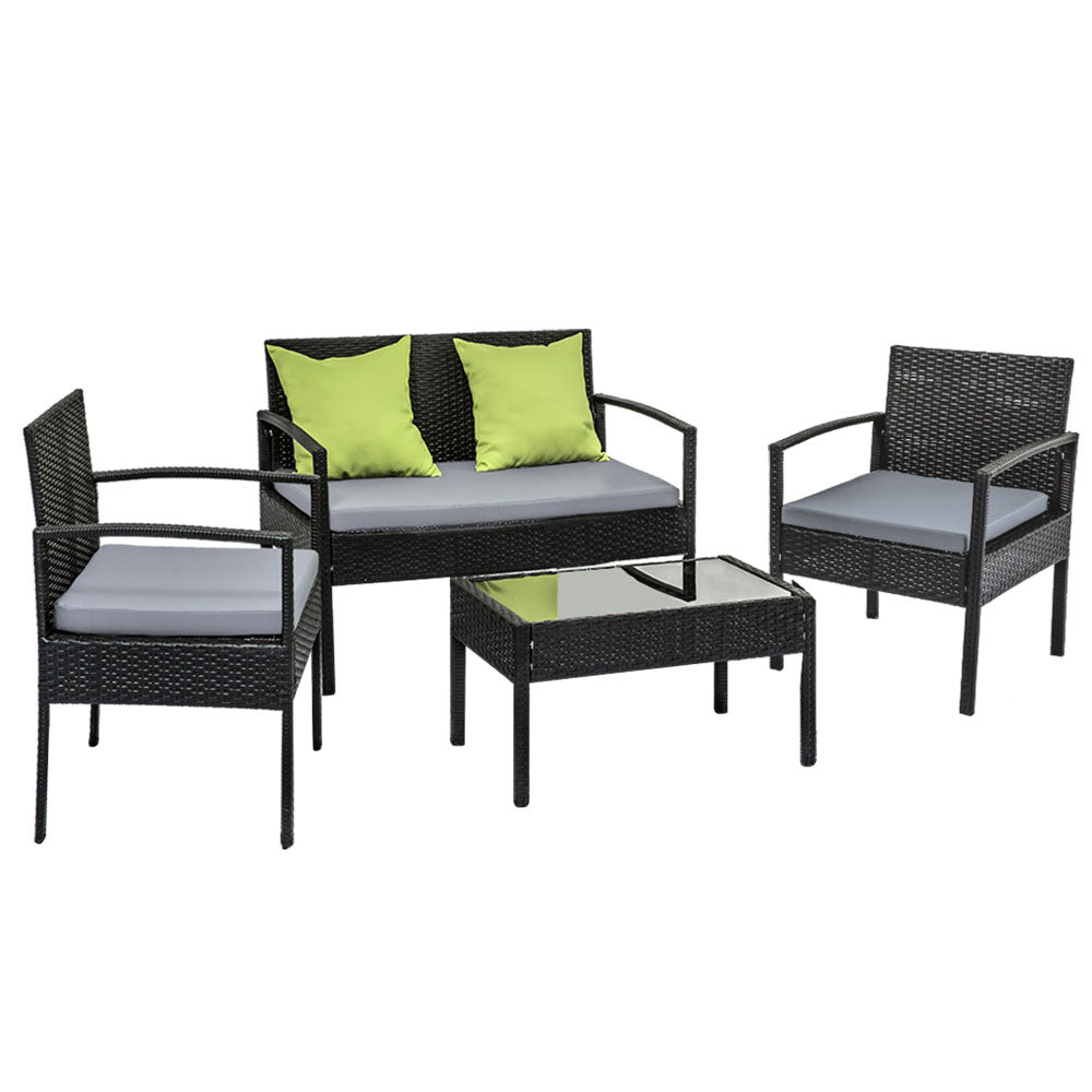 4 Seater Sofa Set Outdoor Furniture Lounge Setting Wicker Chairs Table Rattan Lounger Bistro Patio Garden Cushions Black-0