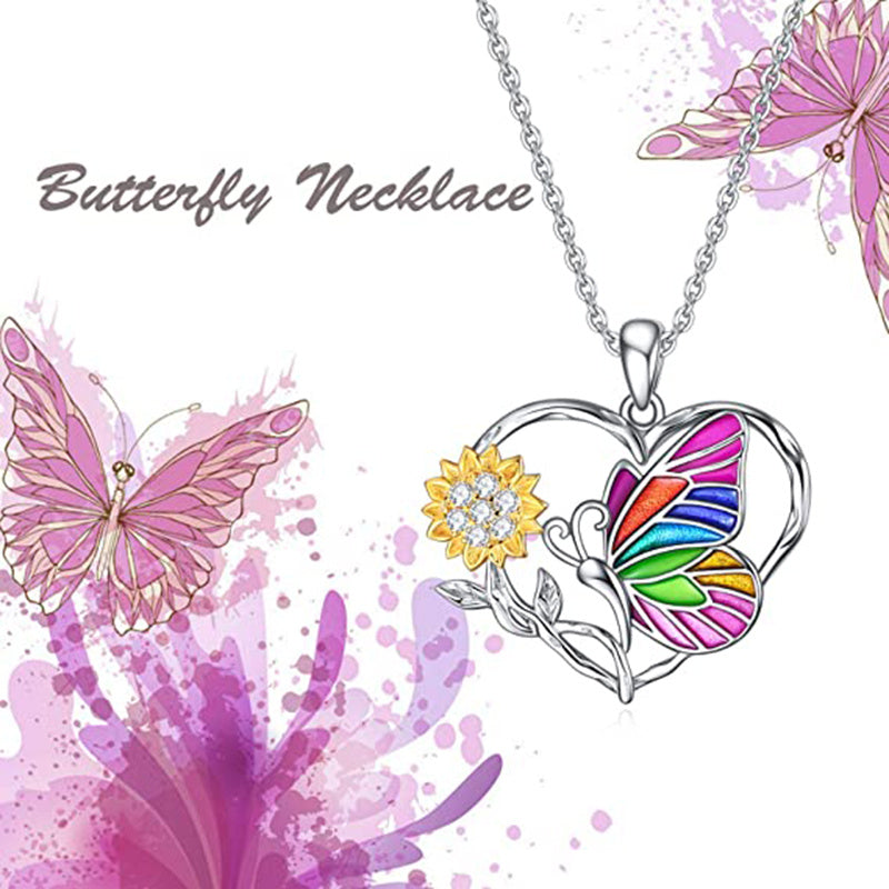 Romantic Colorful Butterfly Sunflower Heart Pendant Necklace For Women Girls