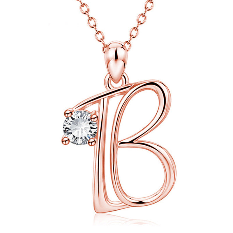 Rose Gold Rhinestone Letter Necklace For Women Girls