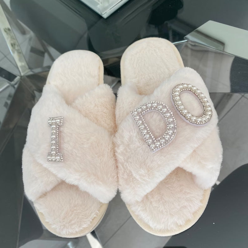 I Do Pearl Letter Cross Toe Plush Slippers