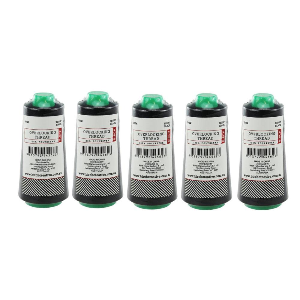 5 Pack Black Overlocking Thread 2000m Polyester Birch Overlocker Cone Spool Sewing-0