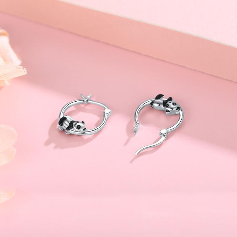 Sterling Silver Panda Small Animal Hug Hoop Earrings For Sensitive Ears Silver Earrings