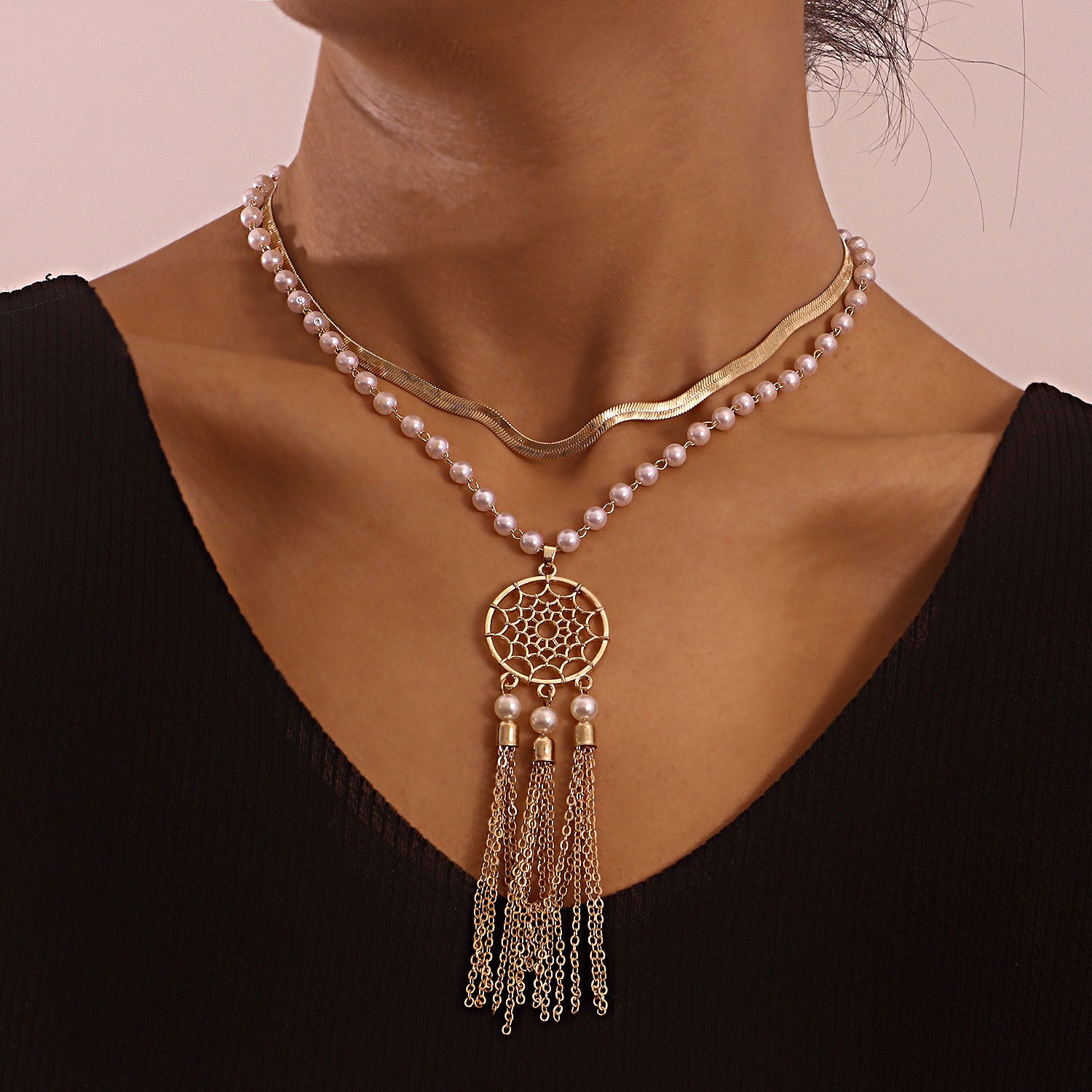 Spider Web-shaped Hollow Disc Tassel Pendant Necklace