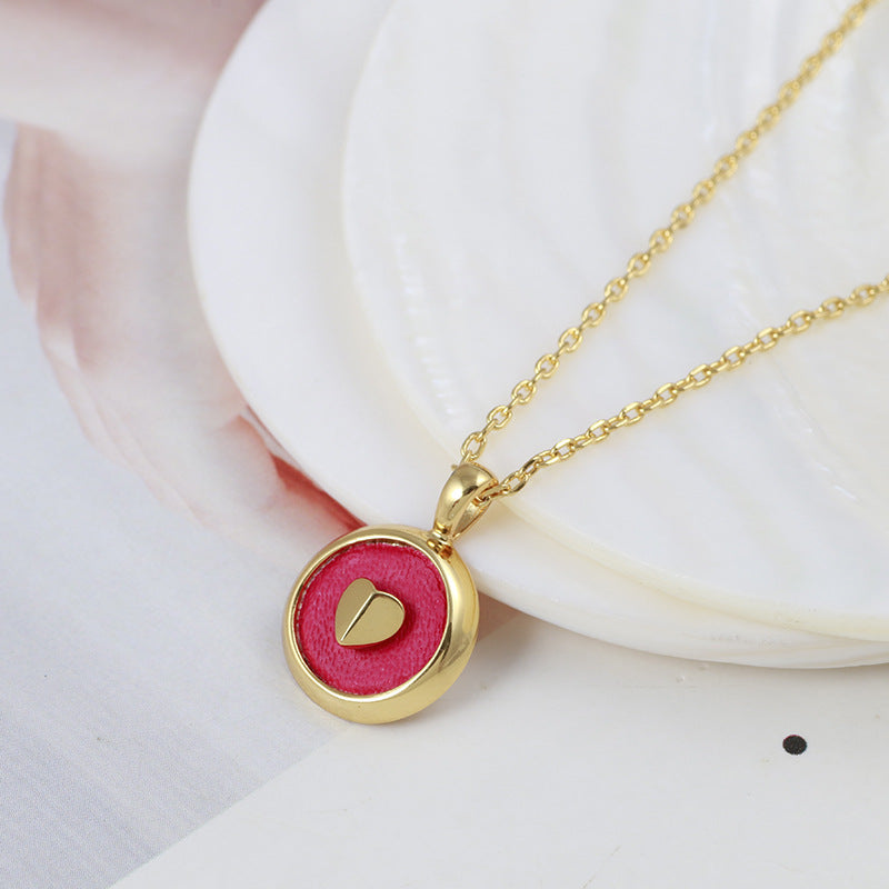 Simple Leather Round Pendant Gold Plated Heart Necklace