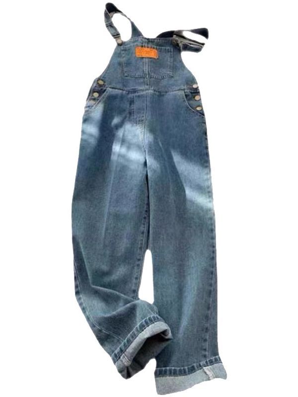 Blue Denim Suspender Pants Women's High Waist Loose