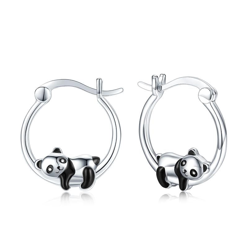 Sterling Silver Panda Small Animal Hug Hoop Earrings For Sensitive Ears Silver Earrings