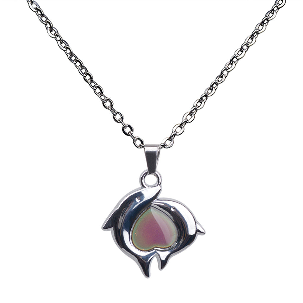 Double Dolphin Heart-shaped Warm Mood Color-changing Pendant Necklace