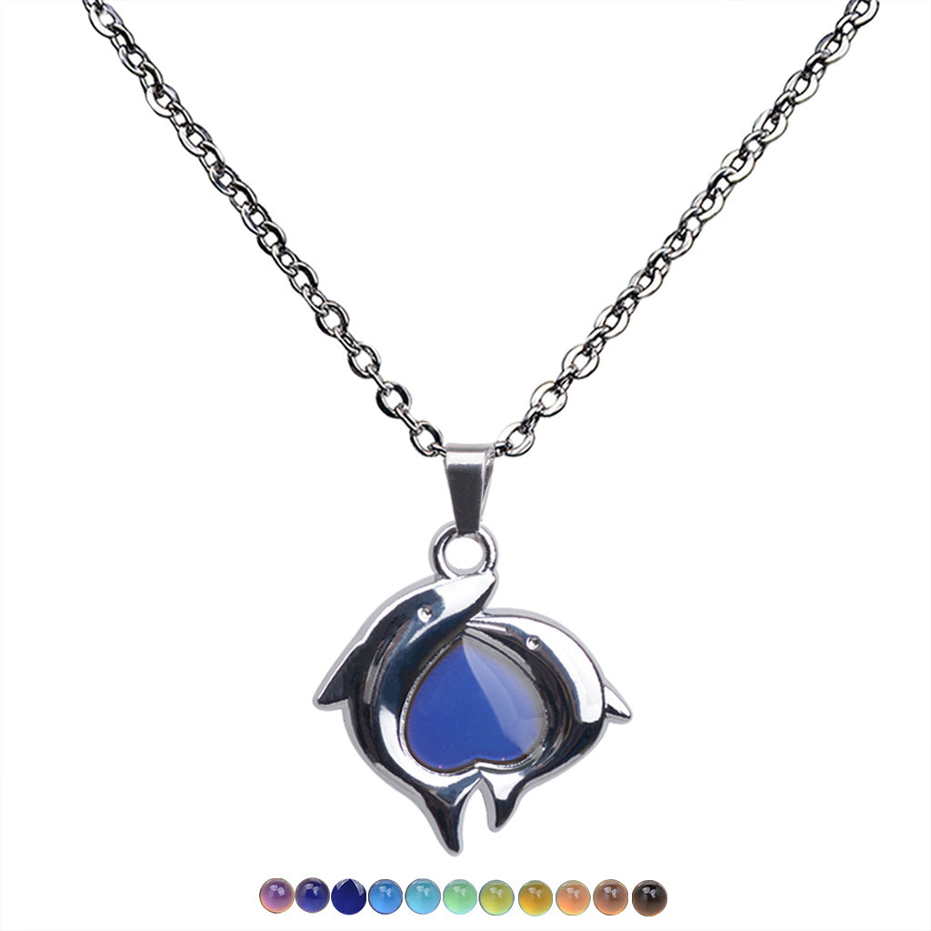 Double Dolphin Heart-shaped Warm Mood Color-changing Pendant Necklace