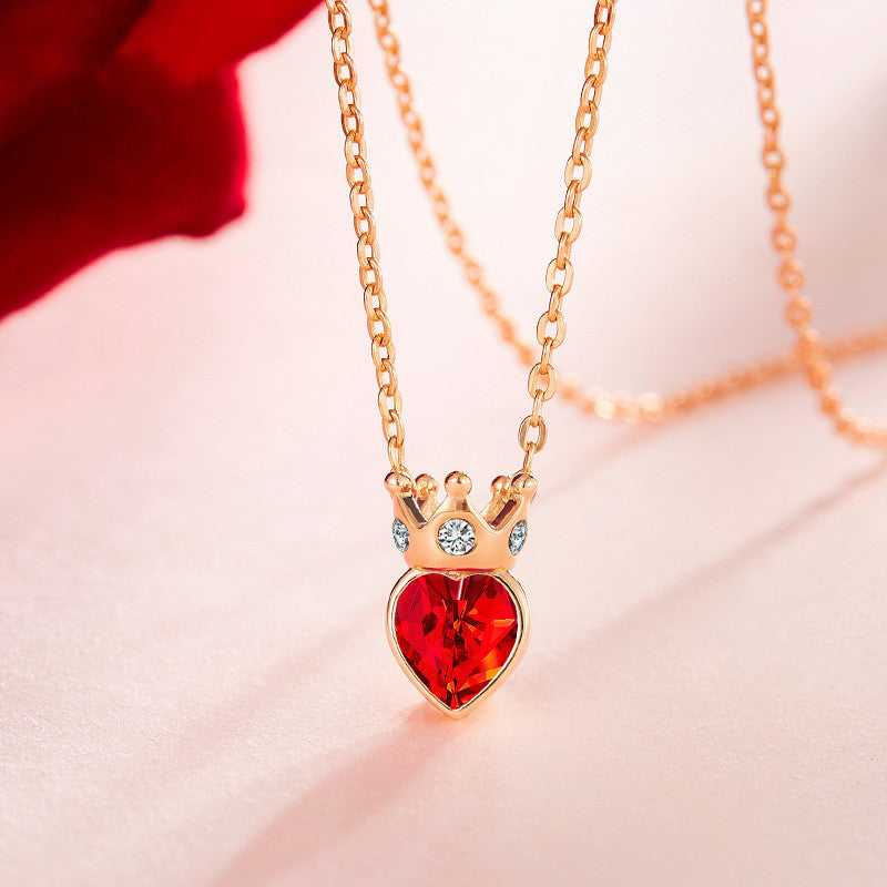 Female 925 Silver Small Red Heart Clavicle Chain Ins Wind Crystal Necklace