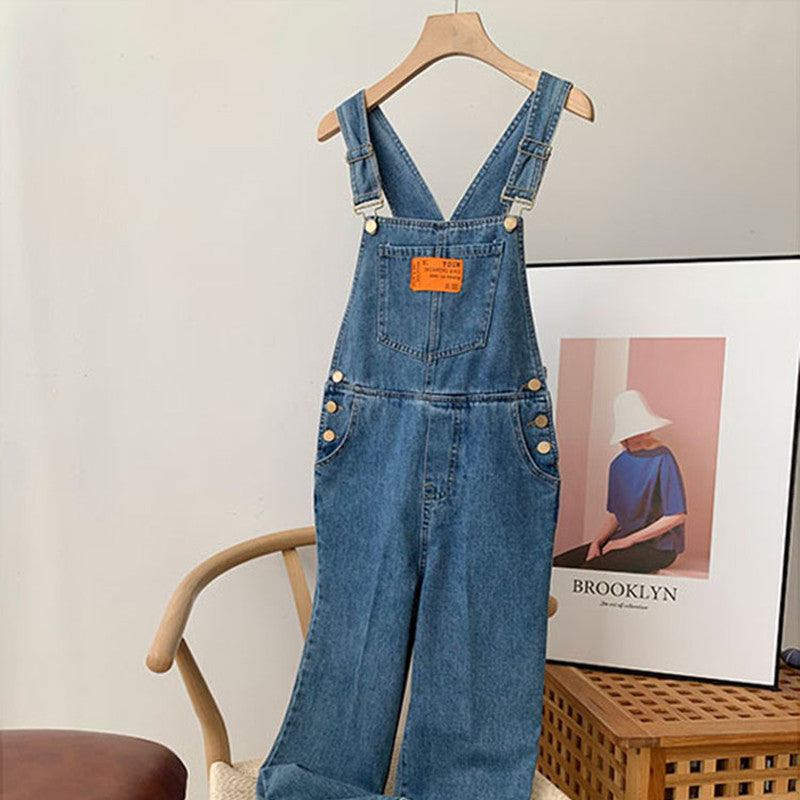 Blue Denim Suspender Pants Women's High Waist Loose