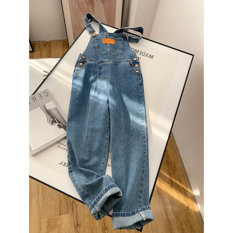 Blue Denim Suspender Pants Women's High Waist Loose