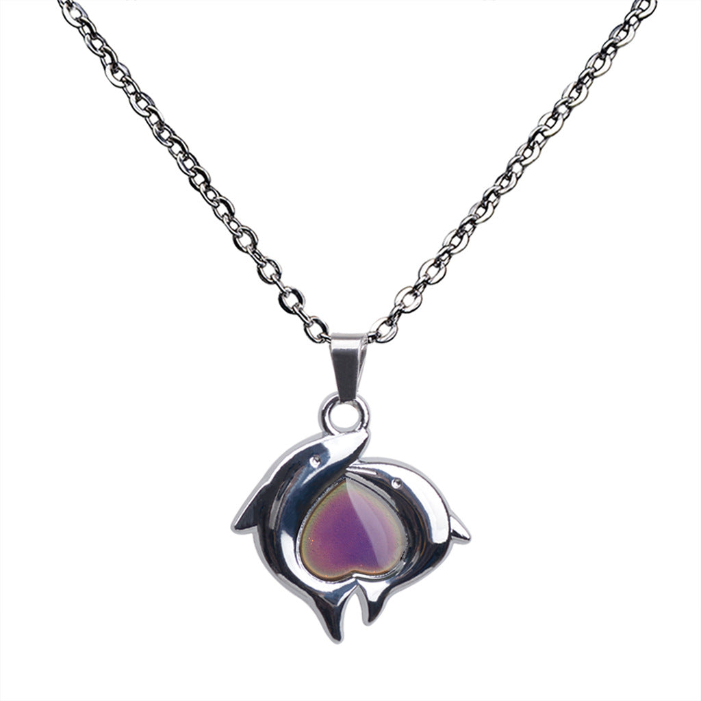 Double Dolphin Heart-shaped Warm Mood Color-changing Pendant Necklace