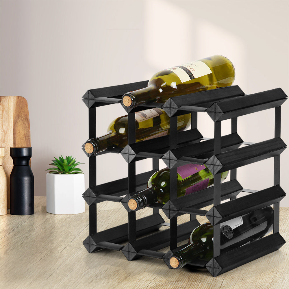 Artiss 12 Bottle Timber Wine Rack Wooden Storage Wall Racks Holders Cellar Black-6