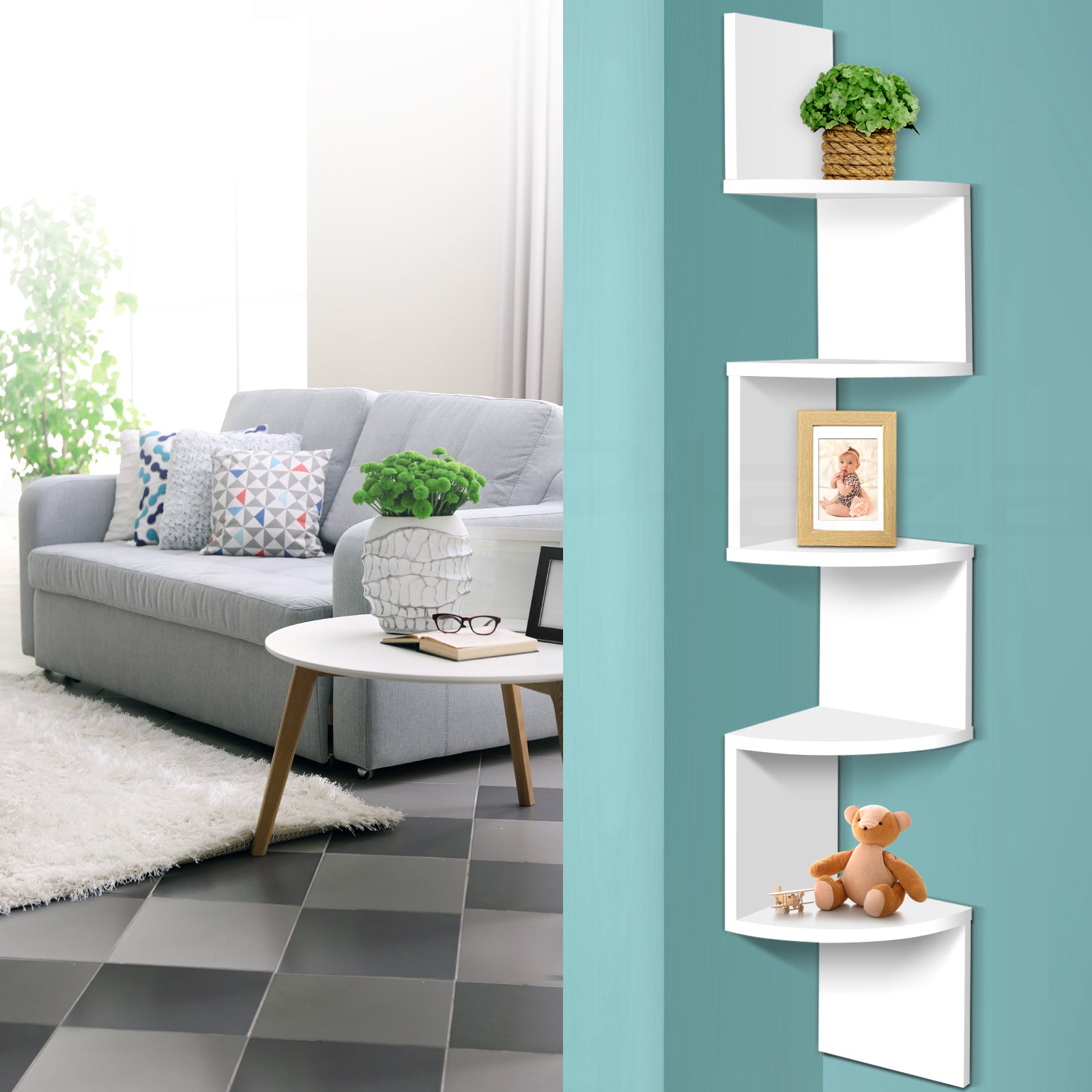 Artiss 5 Tier Corner Wall Shelf - White-6