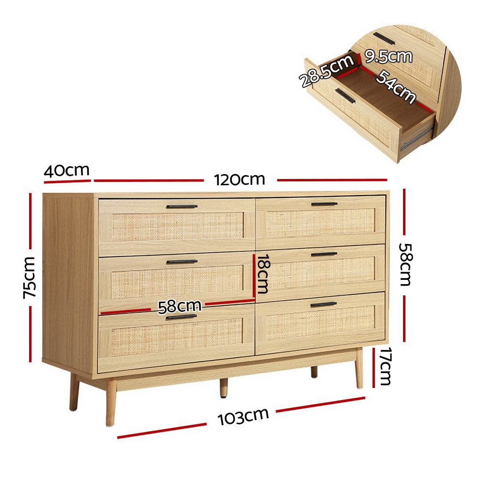 Artiss 6 Chest of Drawers Rattan Tallboy Cabinet Bedroom Clothes Storage Wood-1