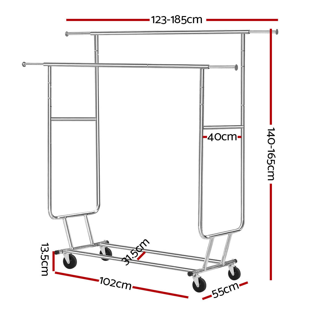 Artiss 6FT Double Rail Clothes Rack Coat Stand Adjustable Garment Rolling Hanger-1