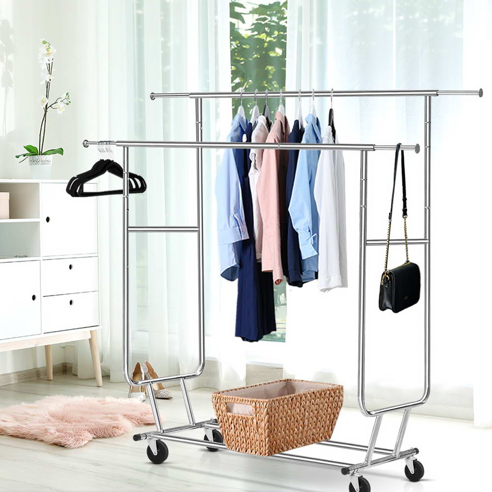 Artiss 6FT Double Rail Clothes Rack Coat Stand Adjustable Garment Rolling Hanger-6