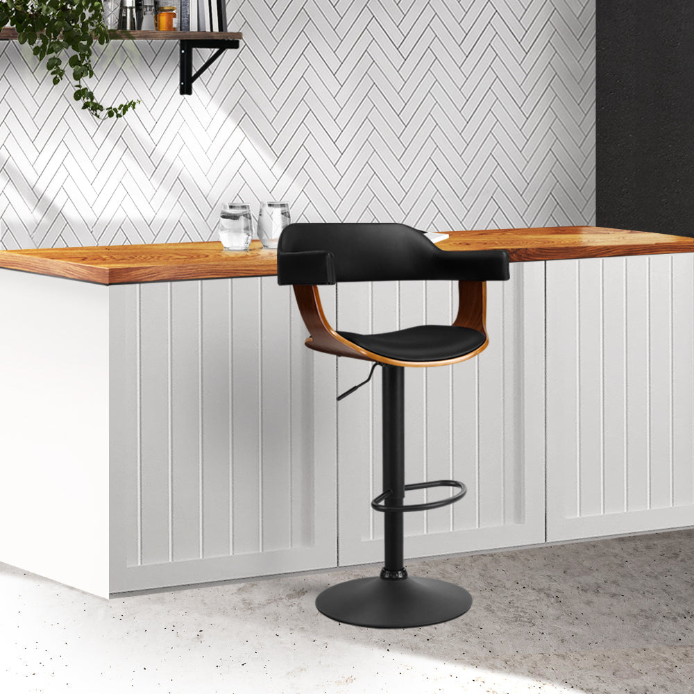 Artiss Bar Stool Curved Gas Lift PU Leather - Black and Wood-7