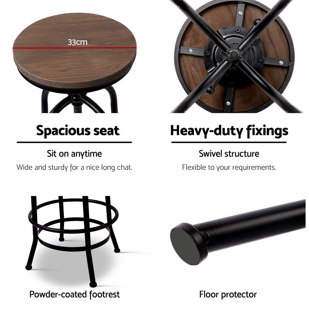 Artiss Bar Stool Industrial Round Seat Wood Metal - Black and Brown-4