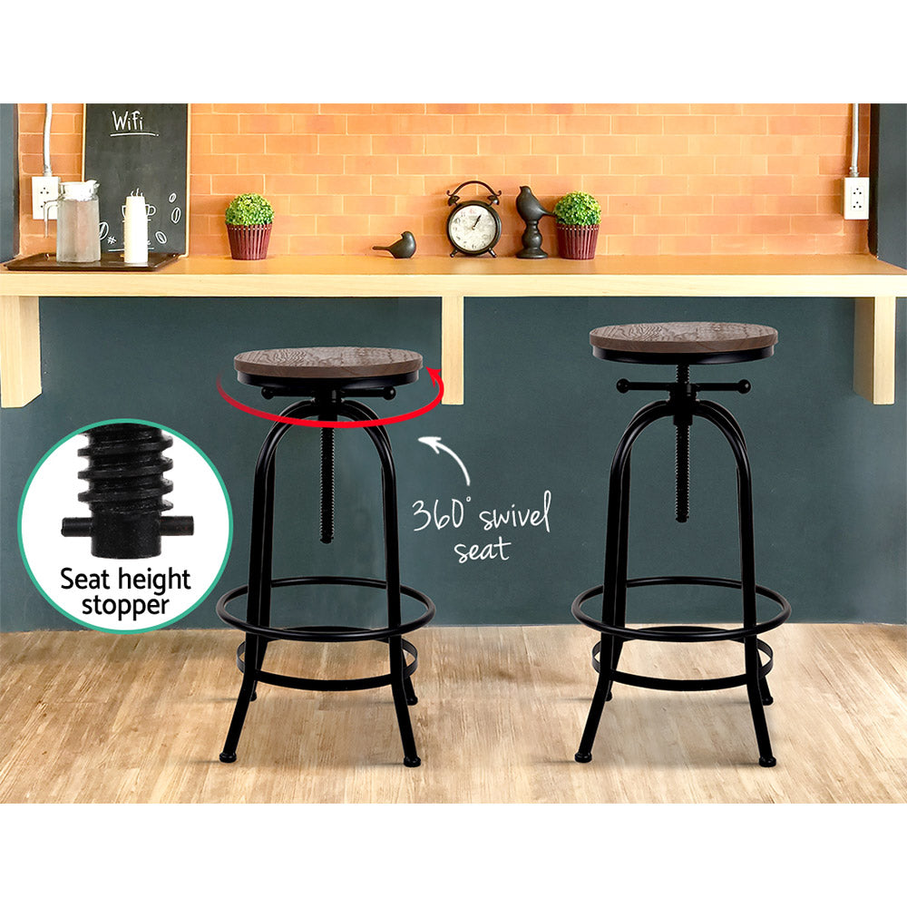 Artiss Bar Stool Industrial Round Seat Wood Metal - Black and Brown-5