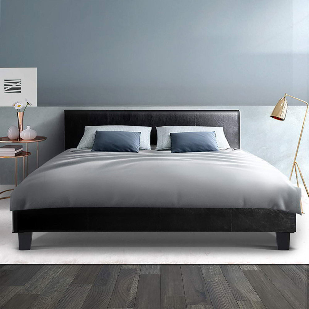 Artiss Bed Frame Double Size Base Mattress Platform Leather Wooden Black NEO-7