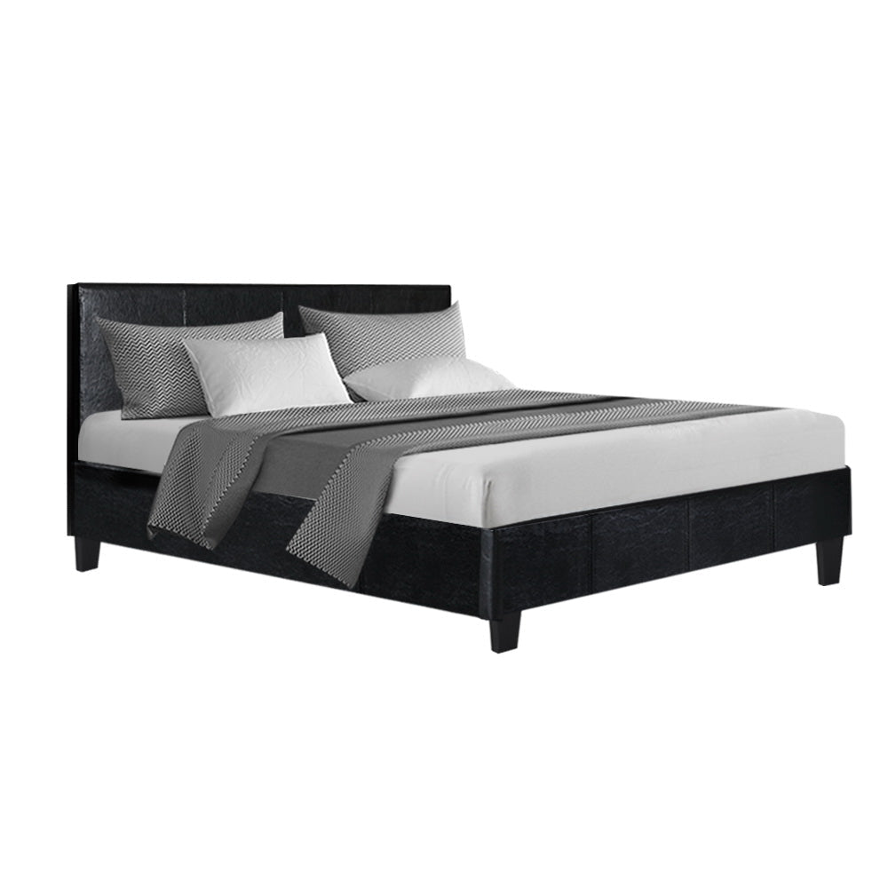 Artiss Bed Frame Double Size Base Mattress Platform Leather Wooden Black NEO-0