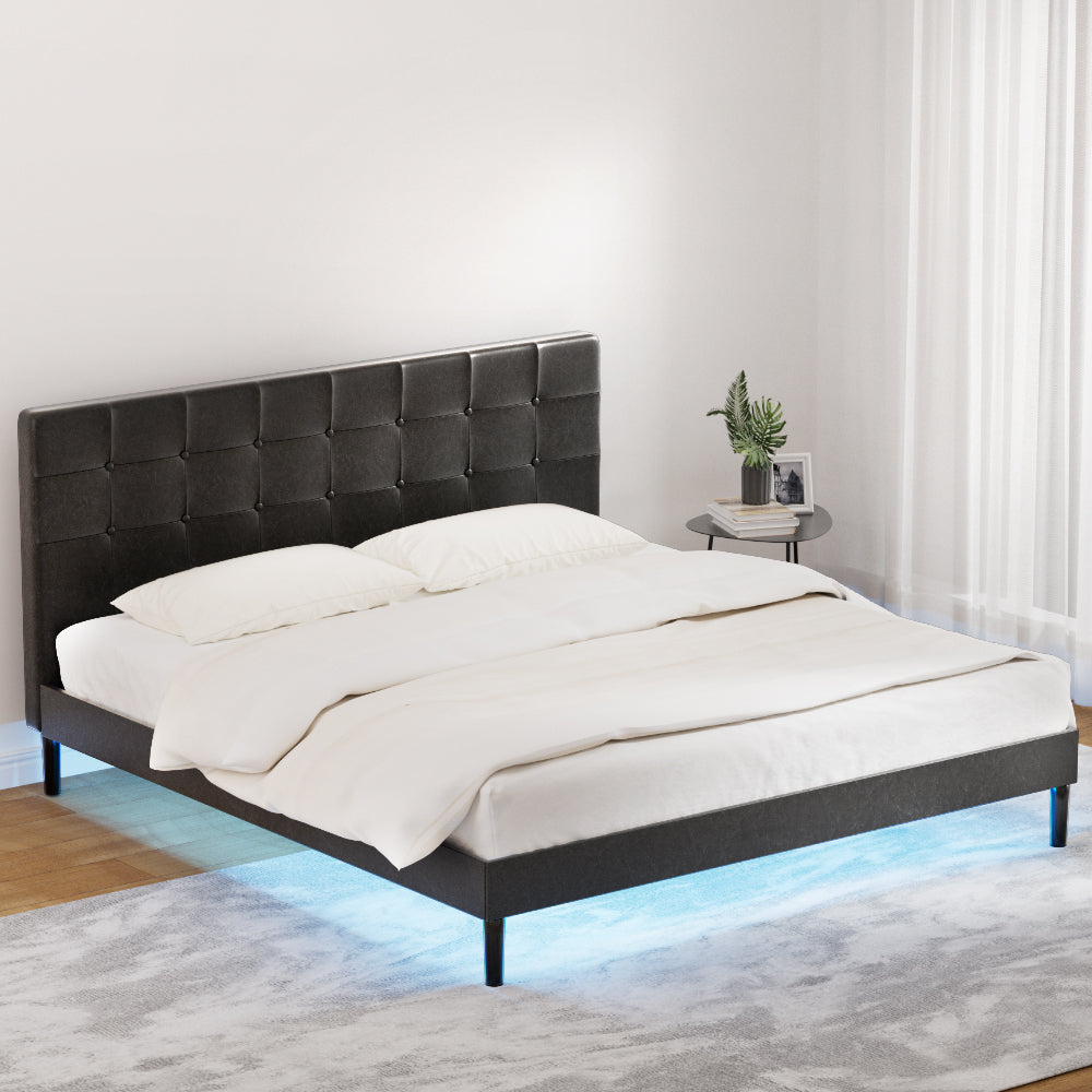 Artiss Bed Frame King Bed Base w RGB LED Lights Charge Ports Black Leather RAVI-4