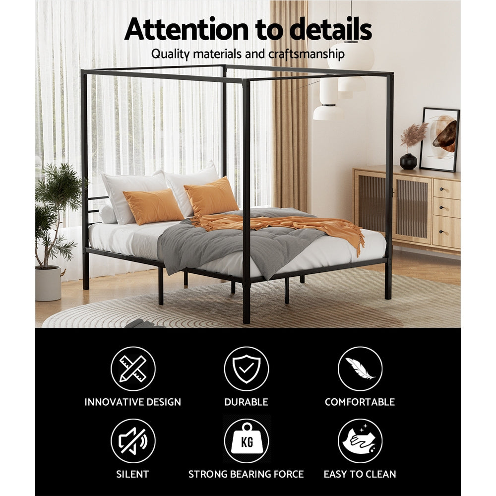 Artiss Bed Frame Metal Four-poster Platform Base Double Size Black POCHY-4