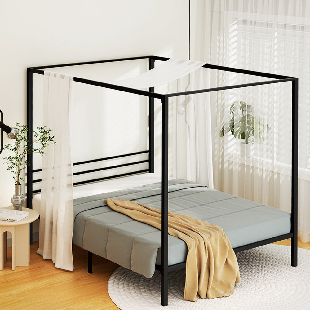 Artiss Bed Frame Metal Four-poster Platform Base Double Size Black POCHY-7