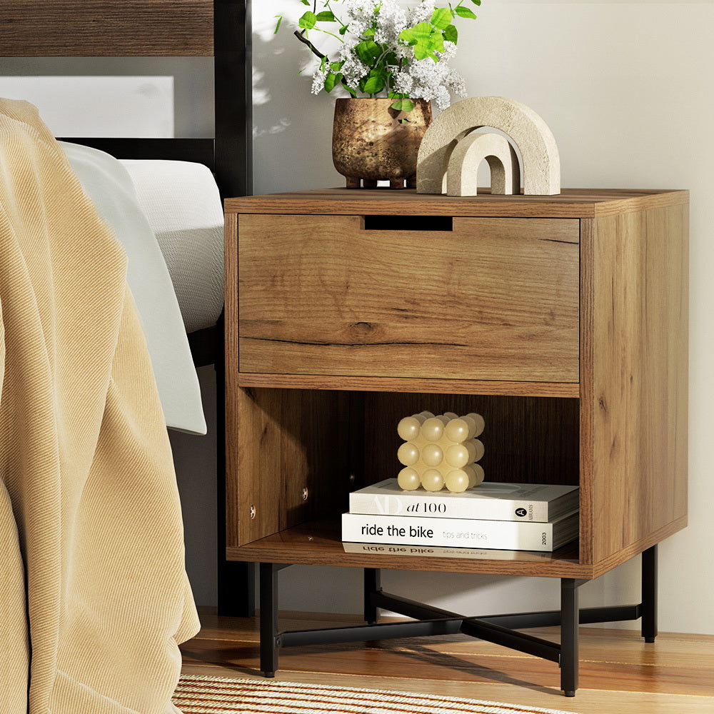 Artiss Bedside Table Drawers Shelf Side Nightstand Storage Bedroom Rust Oak-4