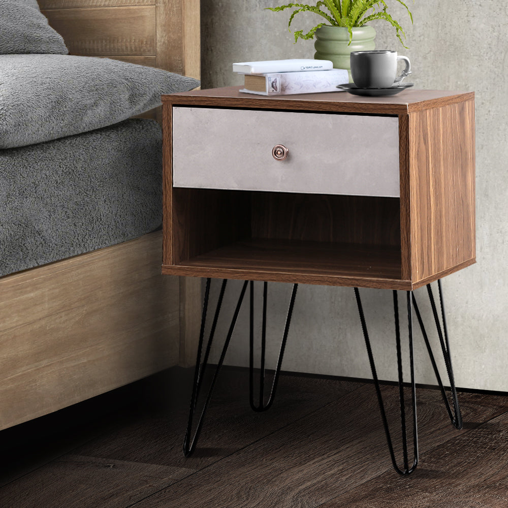 Artiss Bedside Table with Drawer - Grey & Walnut-7