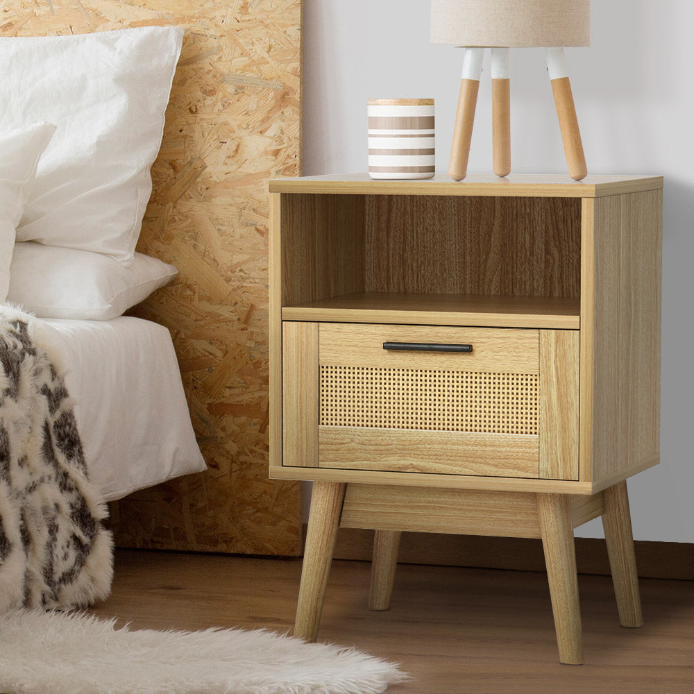 Artiss Bedside Tables Rattan Drawers Side Table Nightstand Storage Cabinet Wood-7