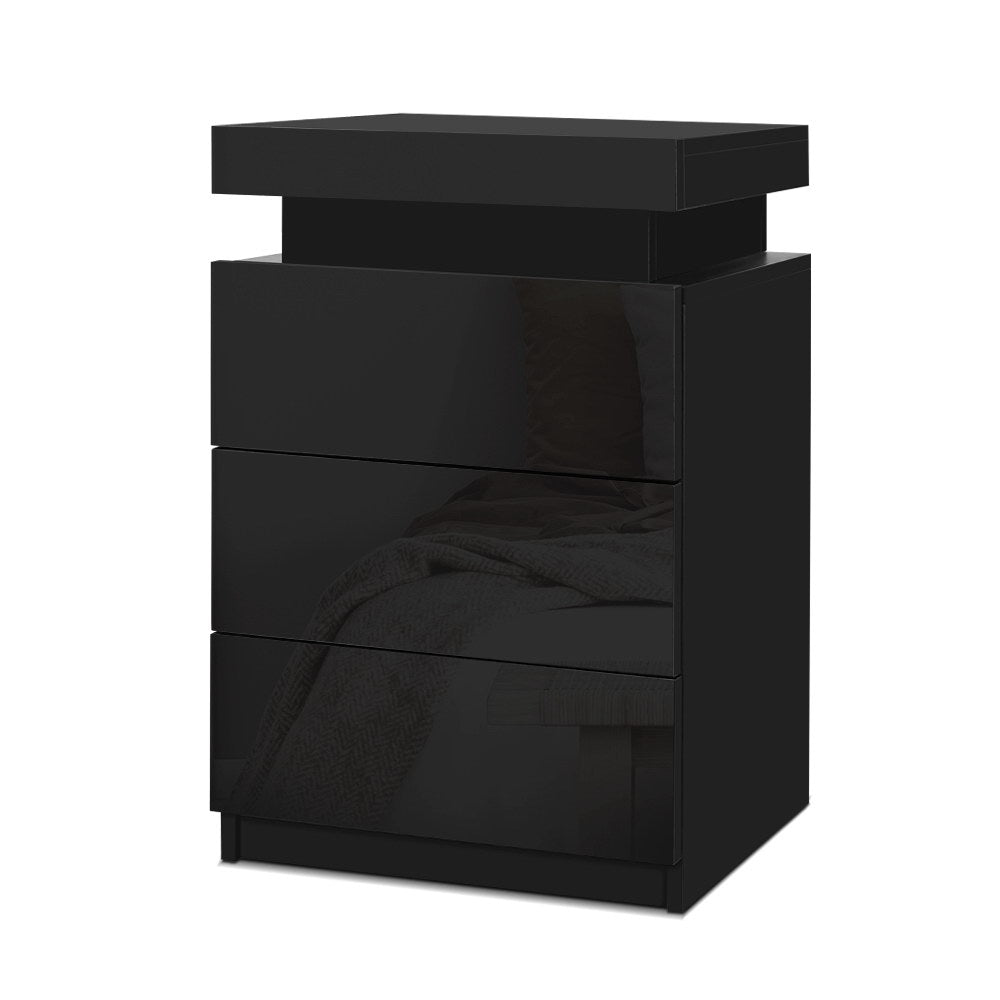 Artiss Bedside Tables Side Table 3 Drawers RGB LED High Gloss Nightstand Black-0