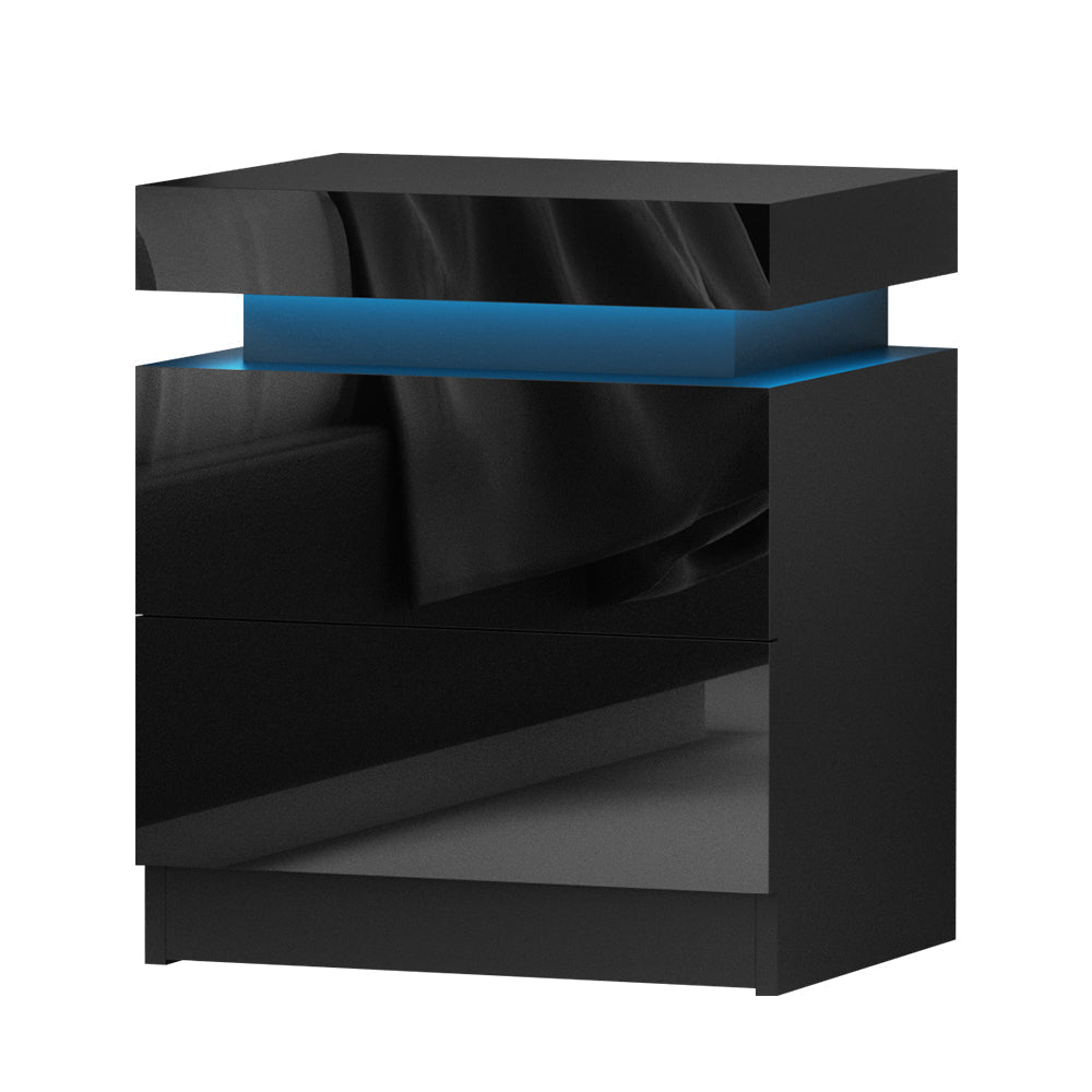 Artiss Bedside Tables Side Table Drawers RGB LED High Gloss Nightstand Black-0